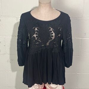 Anthropologie Deletta Black Tunic Lace Top Shirt Sz S NWT